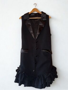 AKIRA Black Satin-Trim Sleeveless Ruffle Hem Dress